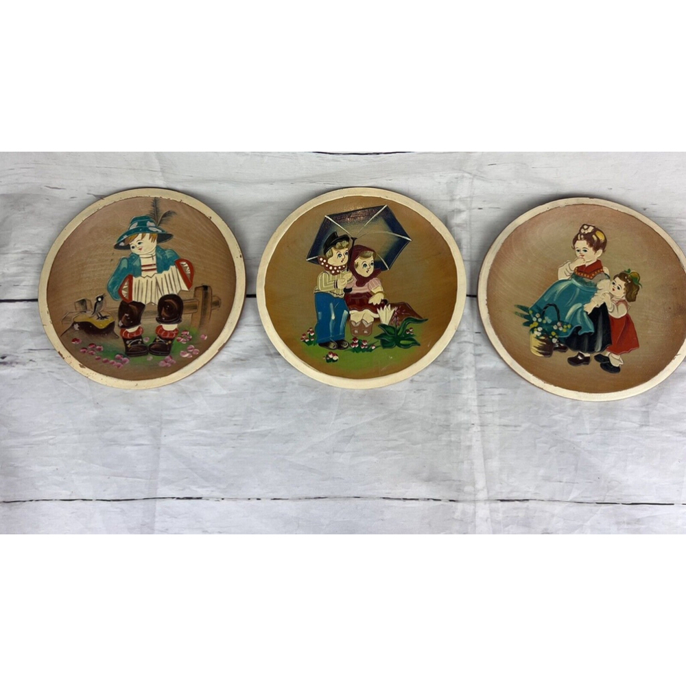 Vintage Dutch Wooden Wall Plates Hand Carved & Painted Children Painted Folk Art